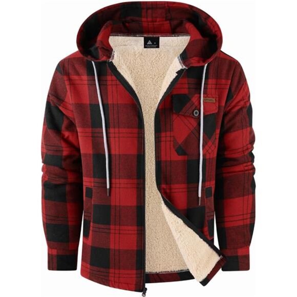 Men's Flannel Jacket Zip Up Fleece Sweatshirt Red - Picture 1 of 5